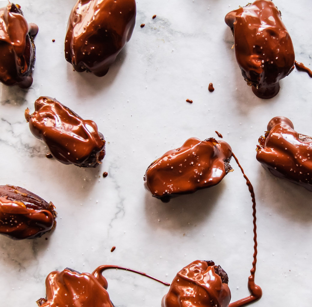 Salted Dark Chocolate Date Boats with Spiced Tahini Caramel