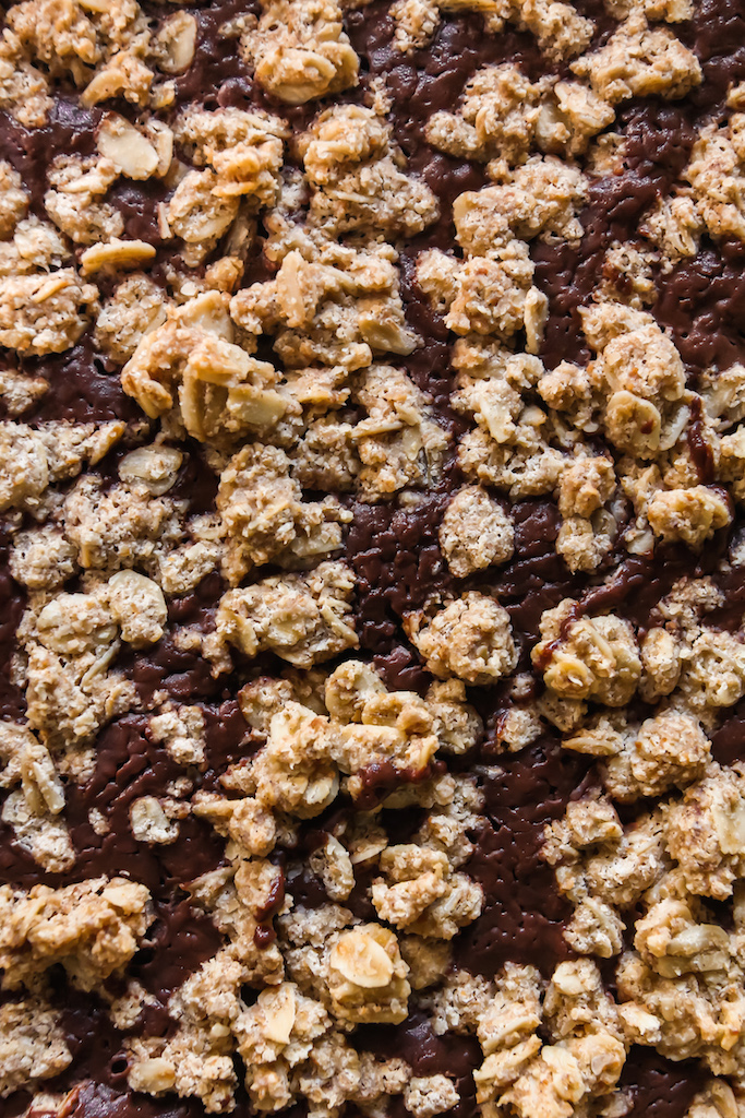 Close up and personal with the chocolate peanut butter ganache and oat crumble